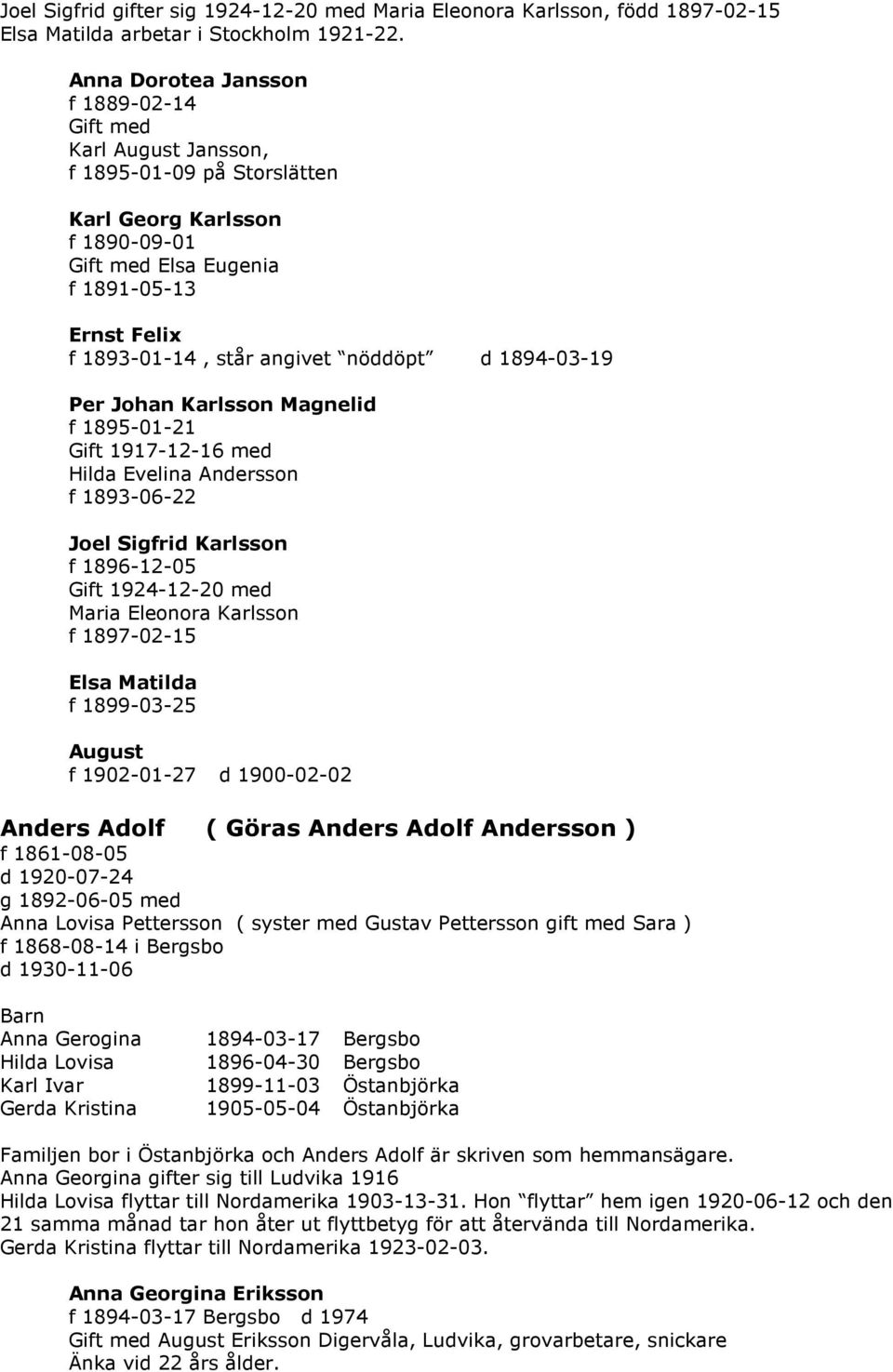 nöddöpt d 1894-03-19 Per Johan Karlsson Magnelid f 1895-01-21 Gift 1917-12-16 med Hilda Evelina Andersson f 1893-06-22 Joel Sigfrid Karlsson f 1896-12-05 Gift 1924-12-20 med Maria Eleonora Karlsson f