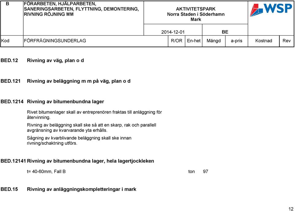 1214 Rivning av bitumenbundna lager Rivet bitumenlager skall av entreprenören fraktas till anläggning för återvinning.