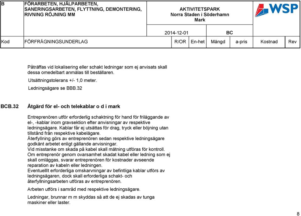 32 Åtgärd för el- och telekablar o d i mark Entreprenören utför erforderlig schaktning för hand för friläggande av el-, -kablar inom gravsektion efter anvisningar av respektive ledningsägare.