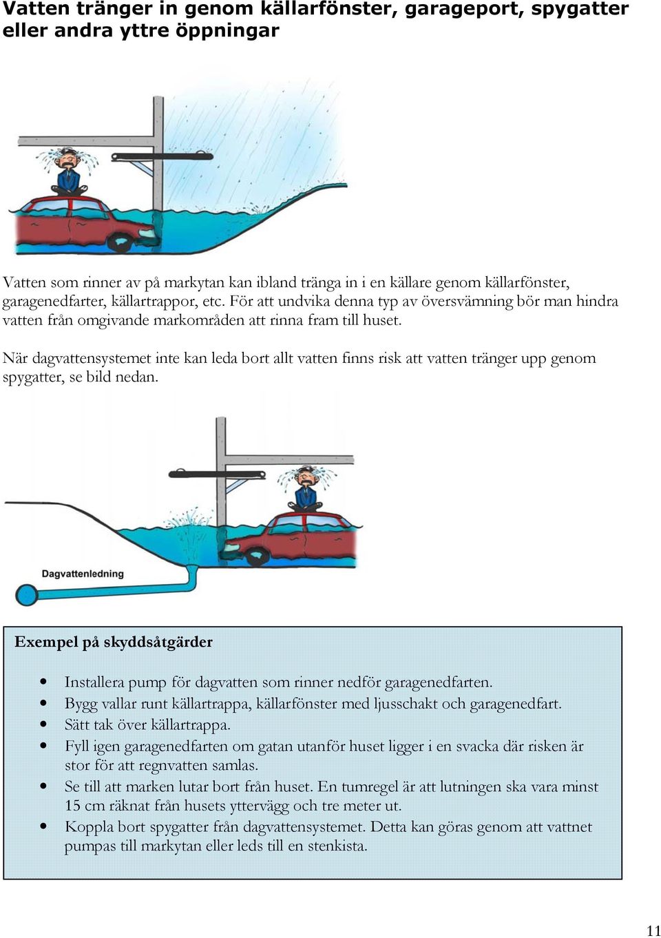 När dagvattensystemet inte kan leda bort allt vatten finns risk att vatten tränger upp genom spygatter, se bild nedan.