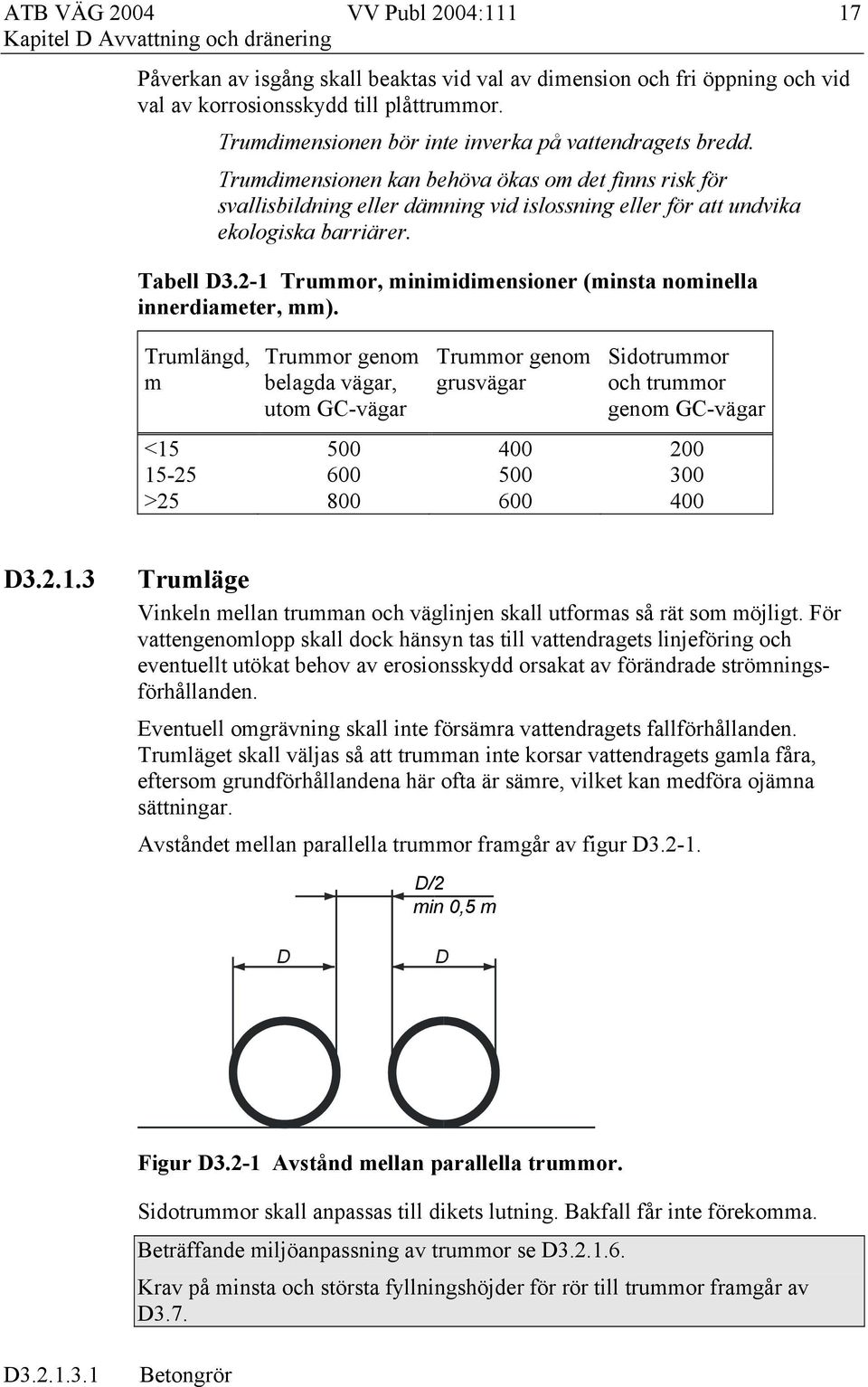 Tabell D3.2-1 Trummor, minimidimensioner (minsta nominella innerdiameter, mm).