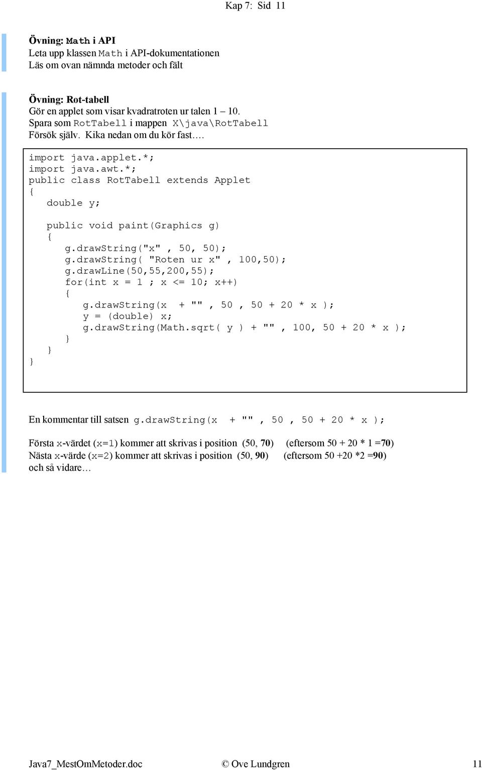 *; public class RotTabell extends Applet double y; public void paint(graphics g) g.drawstring("x", 50, 50); g.drawstring( "Roten ur x", 100,50); g.
