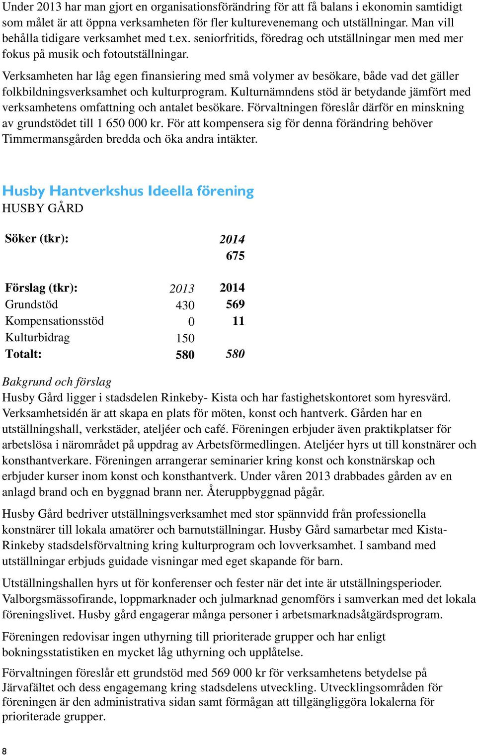 Verksamheten har låg egen finansiering med små volymer av besökare, både vad det gäller folkbildningsverksamhet och kulturprogram.