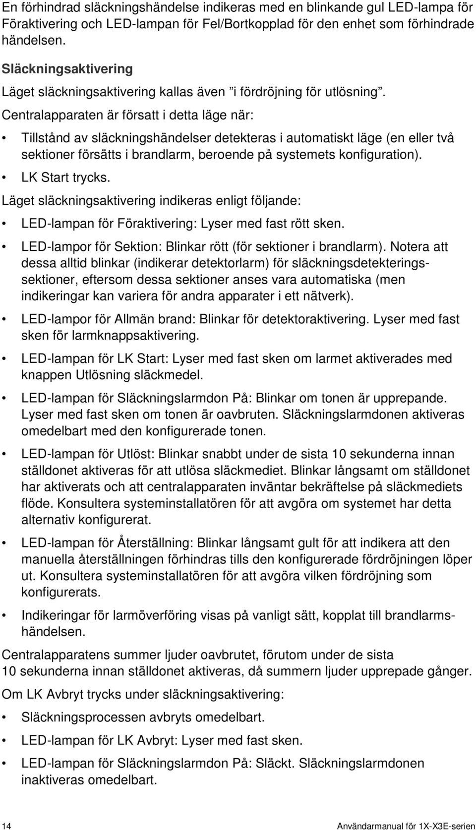 Centralapparaten är försatt i detta läge när: Tillstånd av släckningshändelser detekteras i automatiskt läge (en eller två sektioner försätts i brandlarm, beroende på systemets konfiguration).
