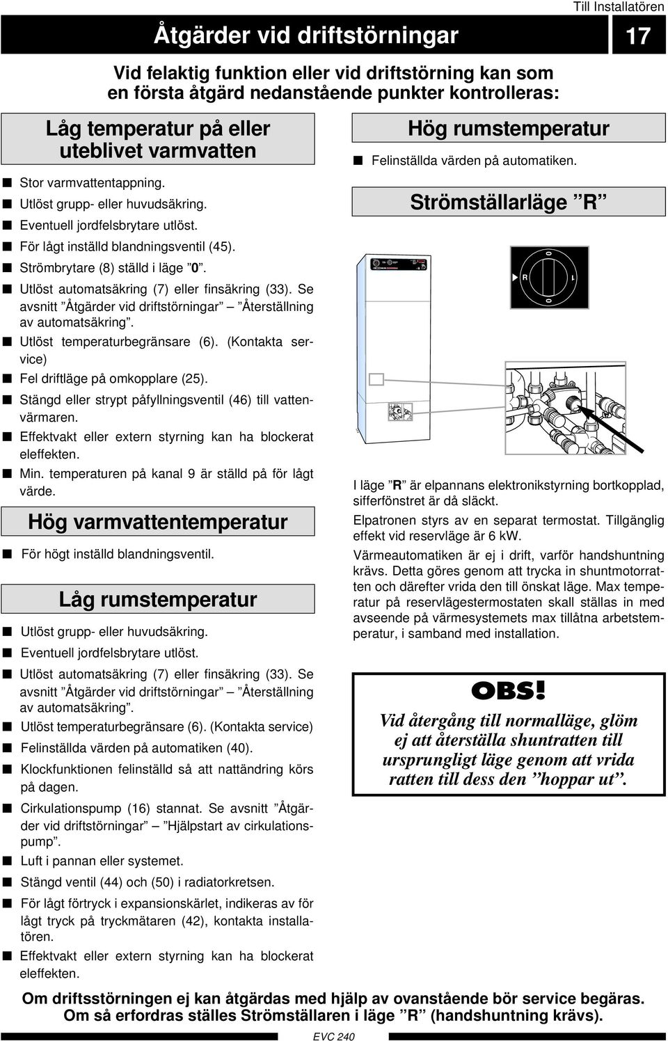 Utlöst automatsäkring () eller finsäkring (). Se avsnitt Åtgärder vid driftstörningar Återställning av automatsäkring. Utlöst temperaturbegränsare ().