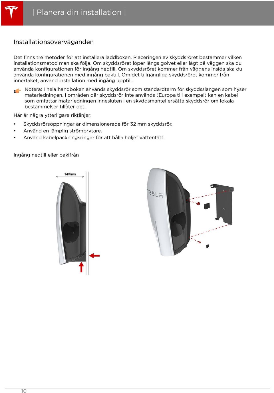 Om det tillgängliga skyddsröret kommer från innertaket, använd installation med ingång upptill. Notera: I hela handboken används skyddsrör som standardterm för skyddsslangen som hyser matarledningen.