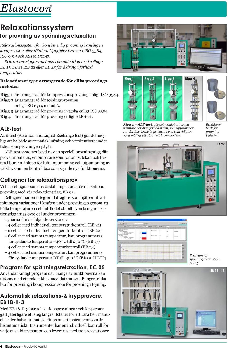 Rigg 1 är arrangerad för kompressionsprovning enligt ISO 3384. Rigg 2 är arrangerad för töjningsprovning enligt ISO 6914 metod A. Rigg 3 är arrangerad för provning i vätska enligt ISO 3384.