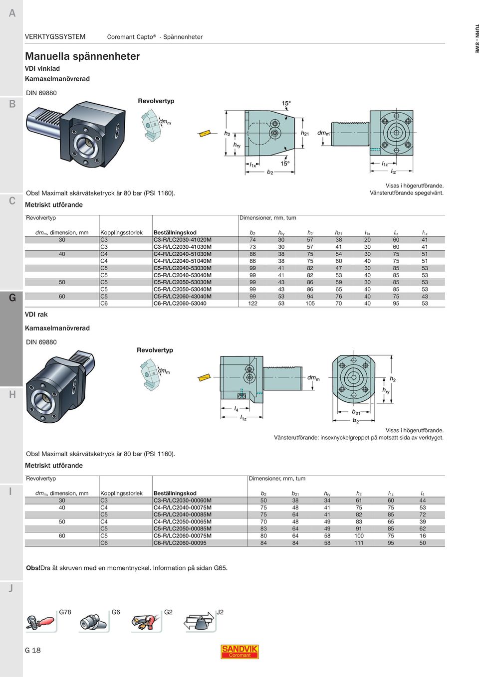 Revolvertyp Dimensioner, mm, tum dm m, dimension, mm Kopplingsstorlek eställningskod b 2 h ry h 2 h 21 l 1x l tz l 1z 30 3 3-R/L2030-41020M 74 30 57 38 20 60 41 3 3-R/L2030-41030M 73 30 57 41 30 60