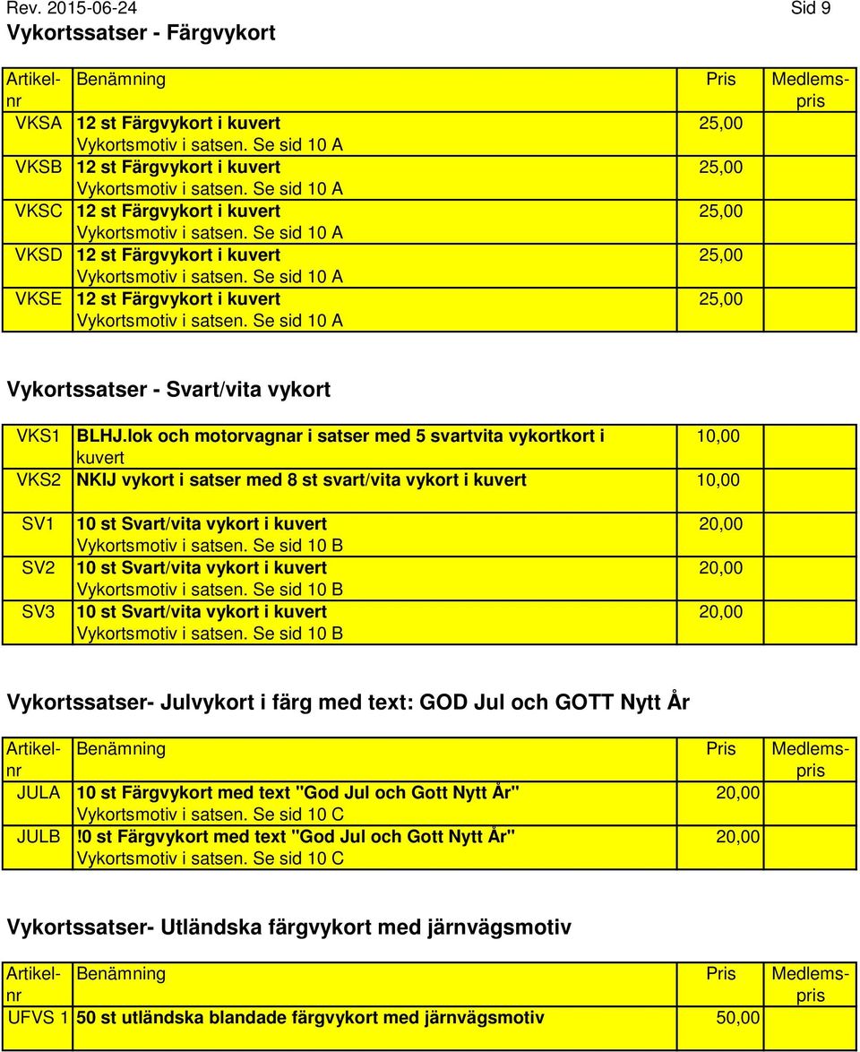 Se sid 10 A VKSE 12 st Färgvykort i kuvert 25,00 Vykortsmotiv i satsen. Se sid 10 A Vykortssatser - Svart/vita vykort VKS1 BLHJ.