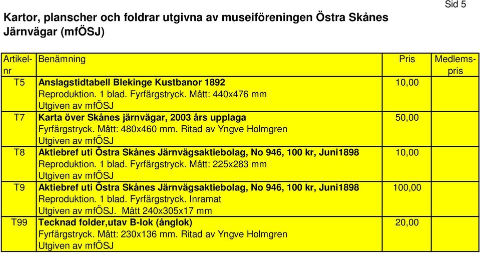 Ritad av Yngve Holmgren Utgiven av mfösj T8 Aktiebref uti Östra Skånes Järnvägsaktiebolag, No 946, 100 kr, Juni1898 10,00 Reproduktion. 1 blad. Fyrfärgstryck.
