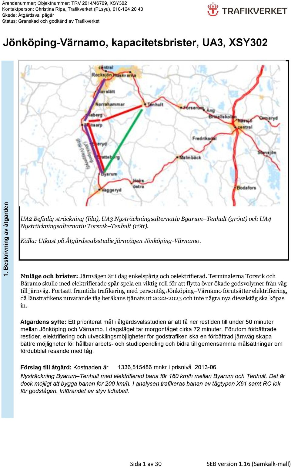 Källa: Utkast på Åtgärdsvalsstudie järnvägen Jönköping-Värnamo. Nuläge och brister: Järnvägen är i dag enkelspårig och oelektrifierad.