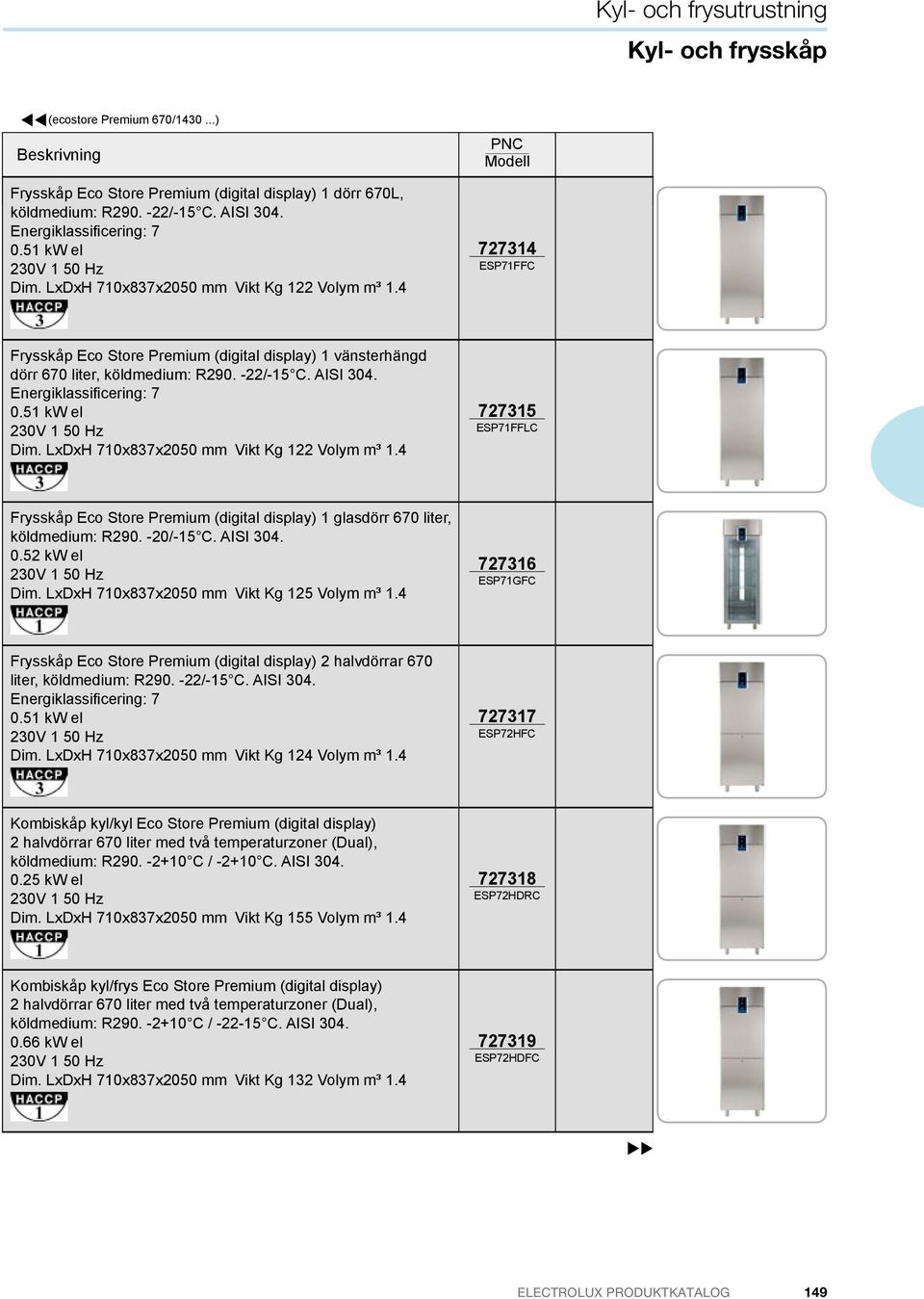 51 kw el Dim. LxDxH 710x837x2050 mm Vikt Kg 122 Volym m³ 1.4 727315 ESP71FFLC Frysskåp Eco Store Premium (digital display) 1 glasdörr 670 liter, köldmedium R290. -20/-15 C. A S 304. 0.52 kw el Dim.