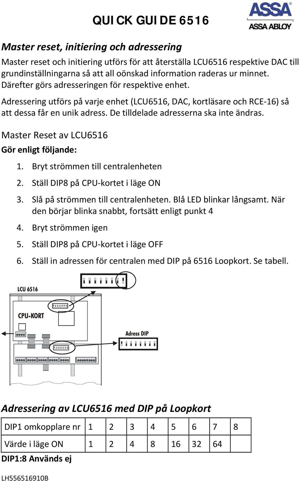 Master Reset av LCU6516 Gör enligt följande: 1. Bryt strömmen till centralenheten 2. Ställ DIP8 på CPU kortet i läge ON 3. Slå på strömmen till centralenheten. Blå LED blinkar långsamt.