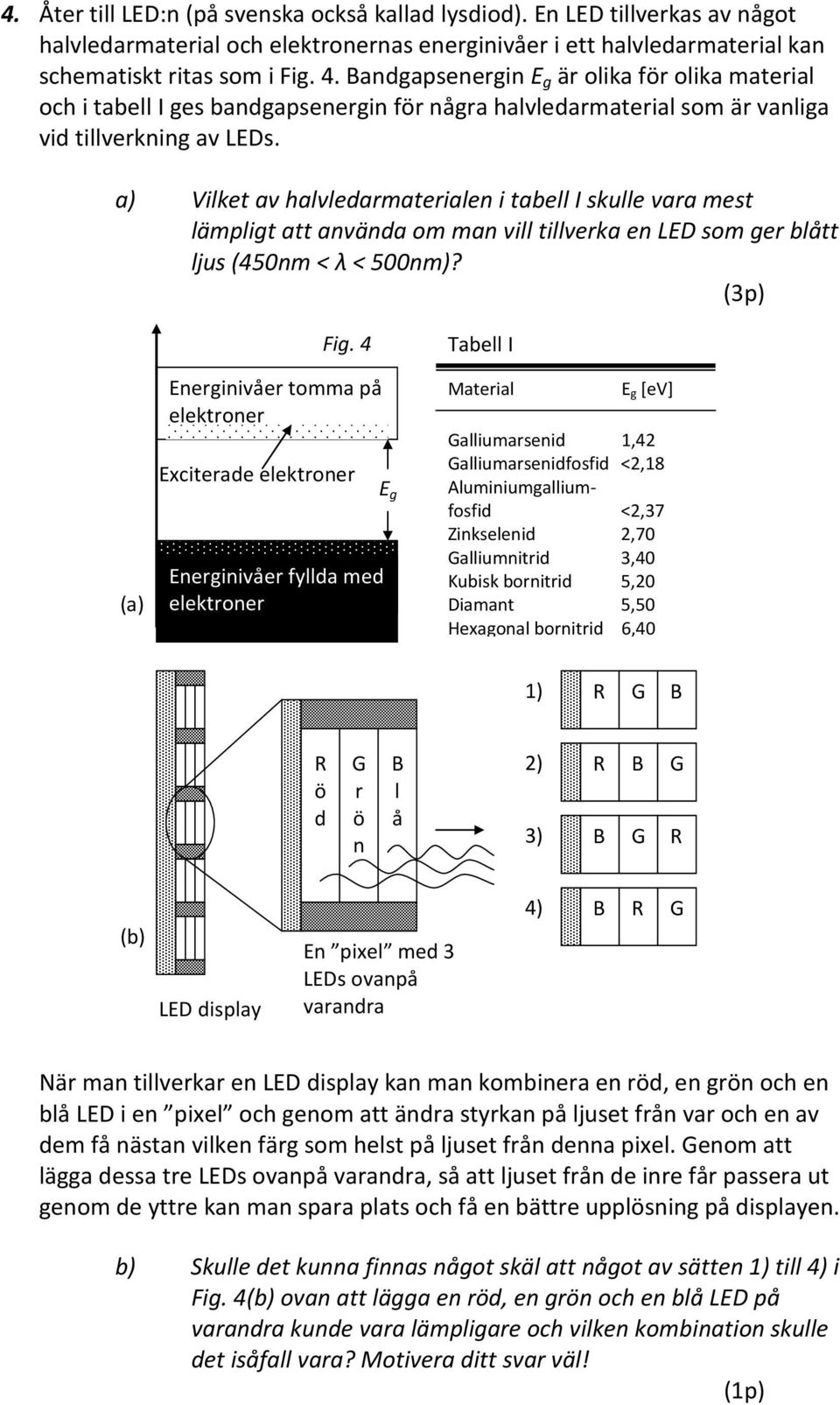 a) Vilket av halvledarmaterialen i tabell I skulle vara mest lämpligt att använda om man vill tillverka en LED som ger blått ljus (450nm < λ < 500nm)? (3p) Fig.