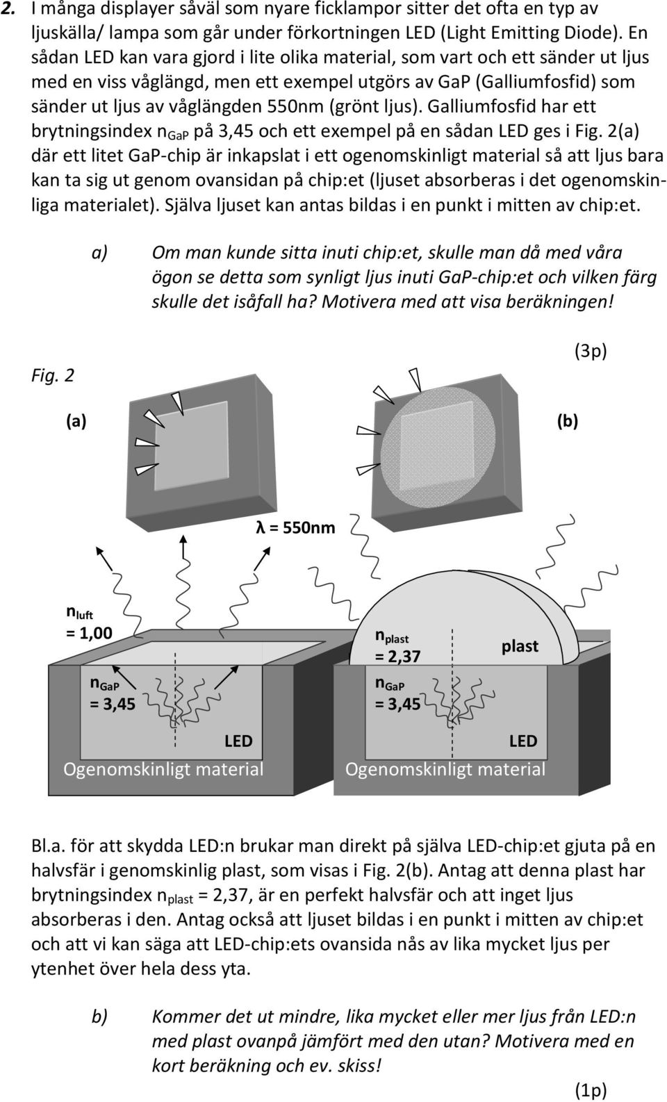 ljus). Galliumfosfid har ett brytningsindex n GaP på 3,45 och ett exempel på en sådan LED ges i Fig.