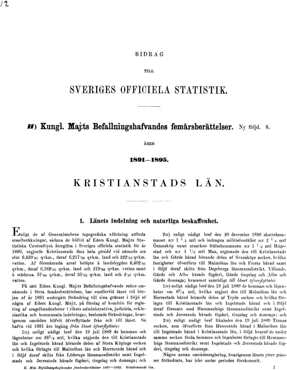 Maj:ts Statistiska Centralbyrå återgifna i Sveriges officiela statistik för år 1890, utgjorde Kristianstads läns hela ytvidd vid nämnda års slut 6,439-9i qvkm., deraf 6,217'38 qvkra.