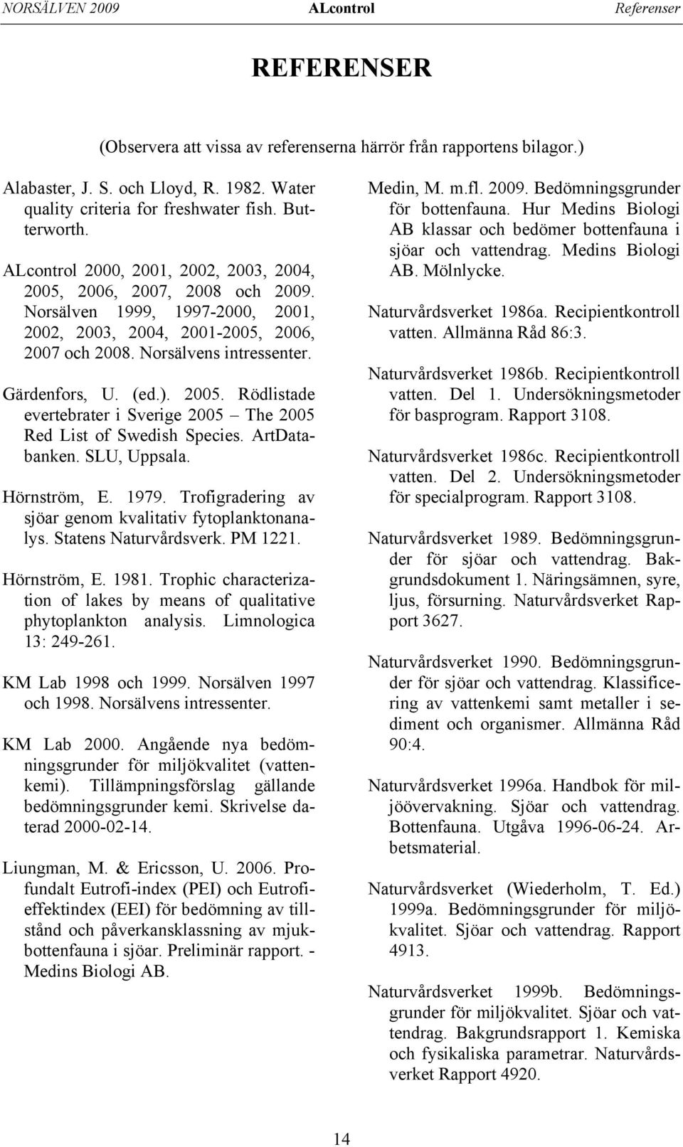 Gärdenfors, U. (ed.). 2005. Rödlistade evertebrater i Sverige 2005 The 2005 Red List of Swedish Species. ArtDatabanken. SLU, Uppsala. Hörnström, E. 1979.