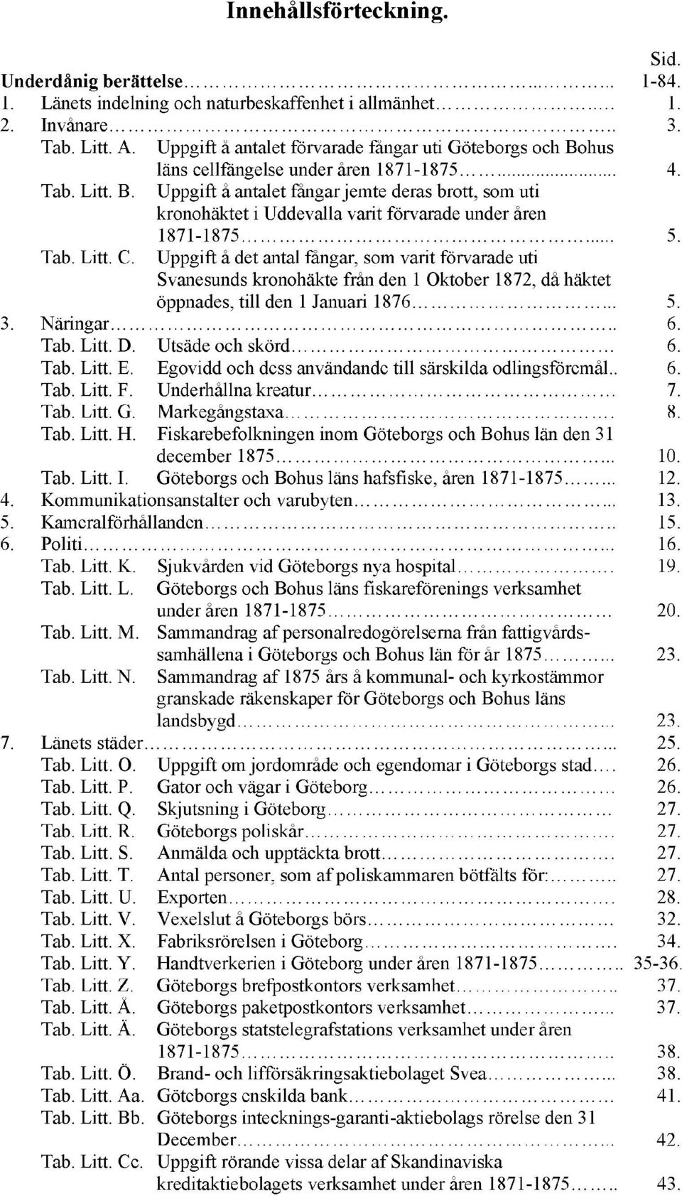 Tab. Litt. C. Uppgift å det antal fångar, som varit förvarade uti Svanesunds kronohäkte från den 1 Oktober 1872, då häktet öppnades, till den 1 Januari 1876... 5. 3. Näringar.. 6. Tab. Litt. D.