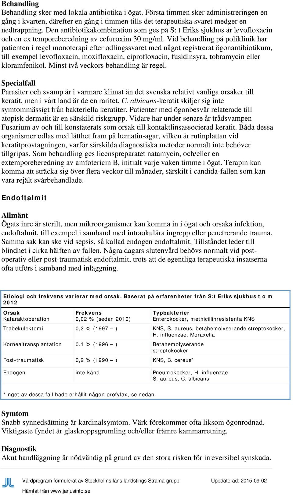Vid behandling på poliklinik har patienten i regel monoterapi efter odlingssvaret med något registrerat ögonantibiotikum, till exempel levofloxacin, moxifloxacin, ciprofloxacin, fusidinsyra,