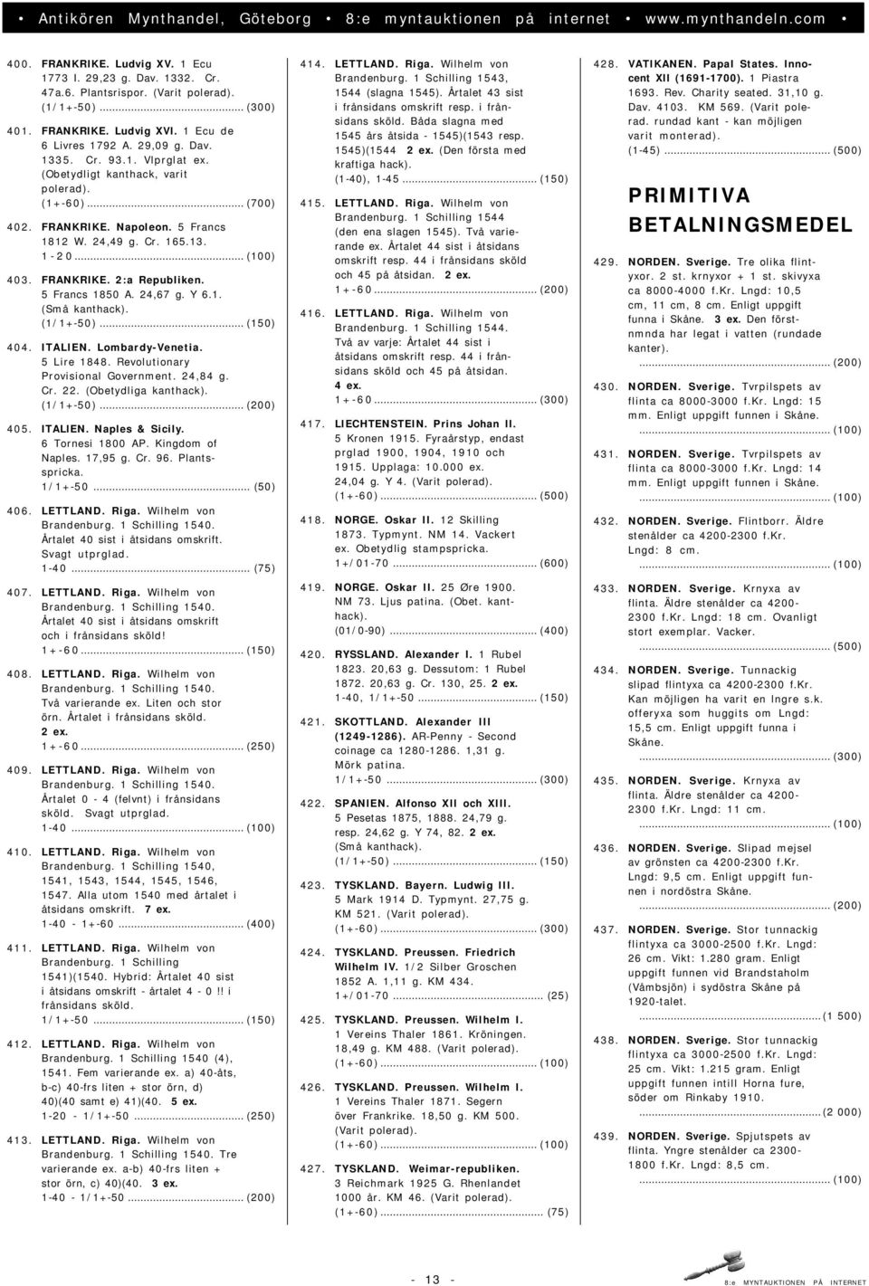 24,67 g. Y 6.1. (Små kanthack). (1/1+-50)... (150) 404. ITALIEN. Lombardy-Venetia. 5 Lire 1848. Revolutionary Provisional Government. 24,84 g. Cr. 22. (Obetydliga kanthack). (1/1+-50)... (200) 405.
