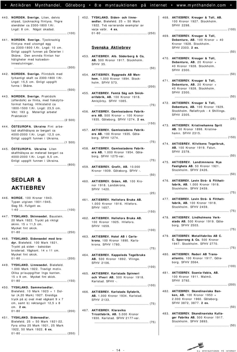 kr. Lngd: 15,5 cm. Enligt uppgift funna i Skåne.... (500) 443. NORDEN. Sverige. Praktdolk (offerdolk) av flinta, med fiskstjrtsformat hantag. Hllkistetid ca 1800-1500 f.kr. Lngd: 23,5 cm. Vikt: 183 g.