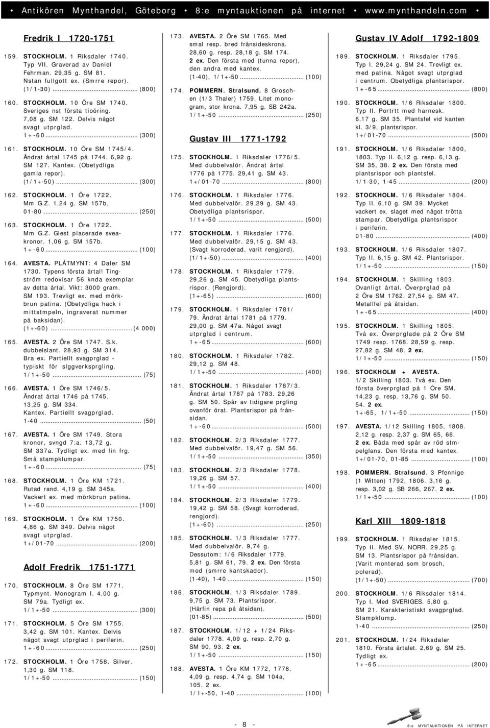 (1/1+-50)... (300) 162. STOCKHOLM. 1 Öre 1722. Mm G.Z. 1,24 g. SM 157b. 01-80... (250) 163. STOCKHOLM. 1 Öre 1722. Mm G.Z. Glest placerade sveakronor. 1,06 g. SM 157b. 164. AVESTA.