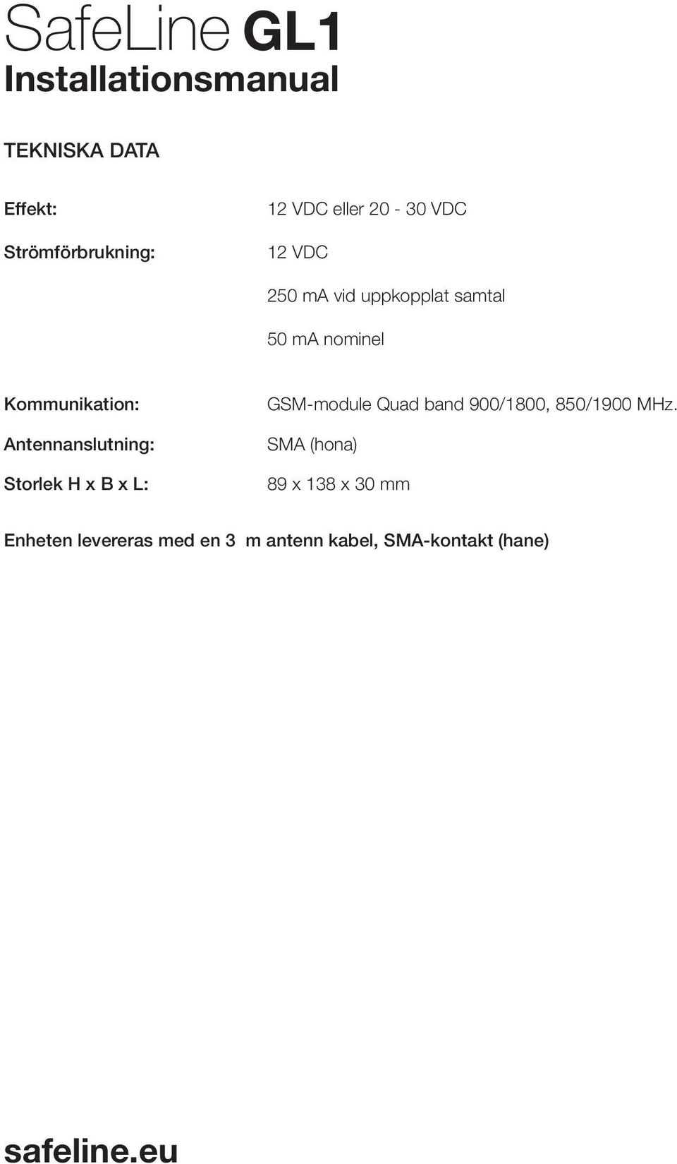 Antennanslutning: Storlek H x B x L: GSM-module Quad band 900/1800, 850/1900 MHz.