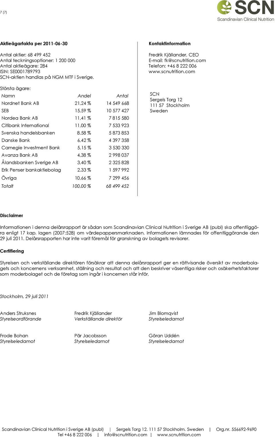 Största ägare: Namn Andel Antal Nordnet Bank AB 21,24 % 14 549 668 SEB 15,59 % 10 577 427 Nordea Bank AB 11,41 % 7 815 580 Citibank International 11,00 % 7 533 923 Svenska handelsbanken 8,58 % 5 873