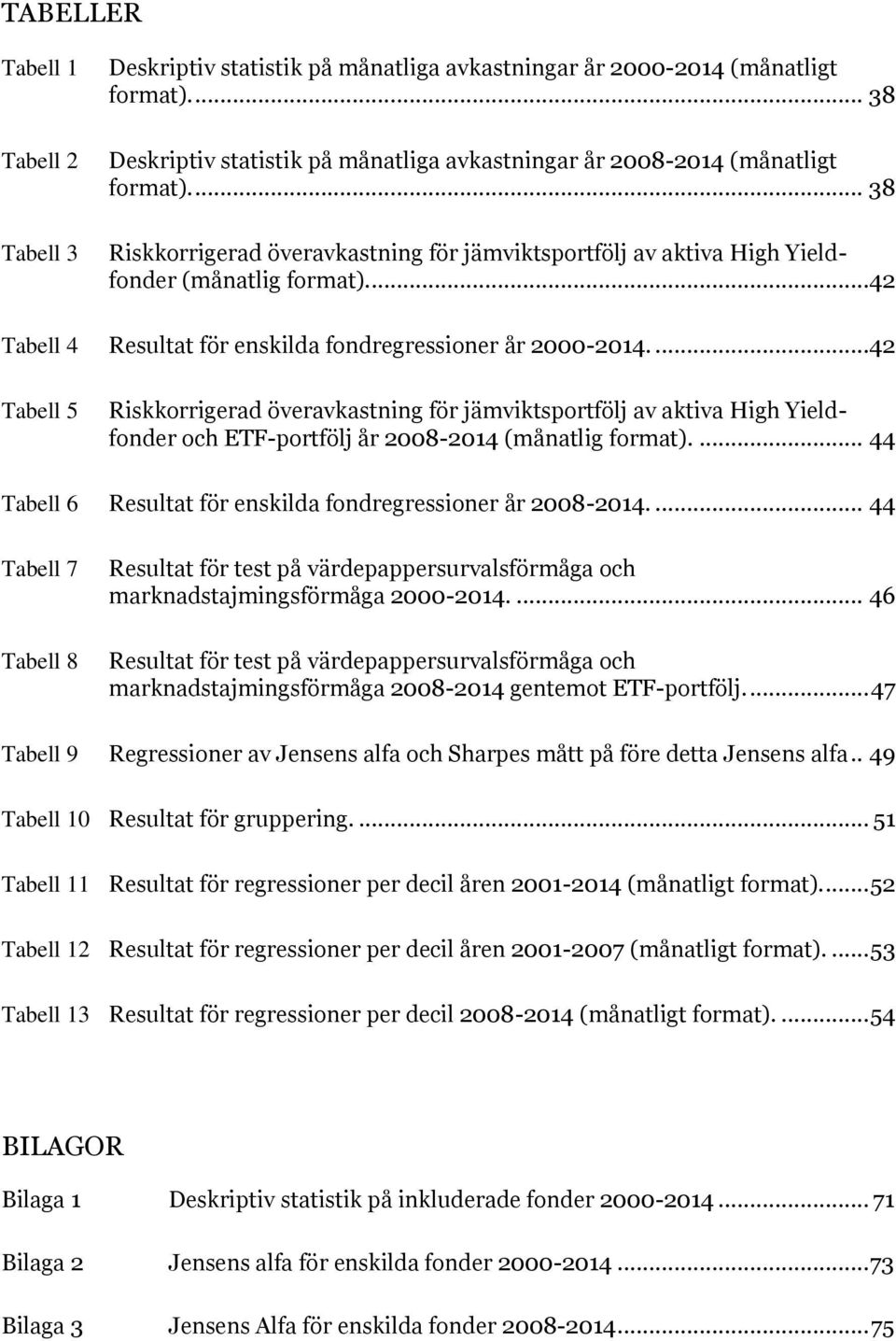 ...42 Tabell 5 Riskkorrigerad överavkastning för jämviktsportfölj av aktiva High Yieldfonder och ETF-portfölj år 2008-2014 (månatlig format).