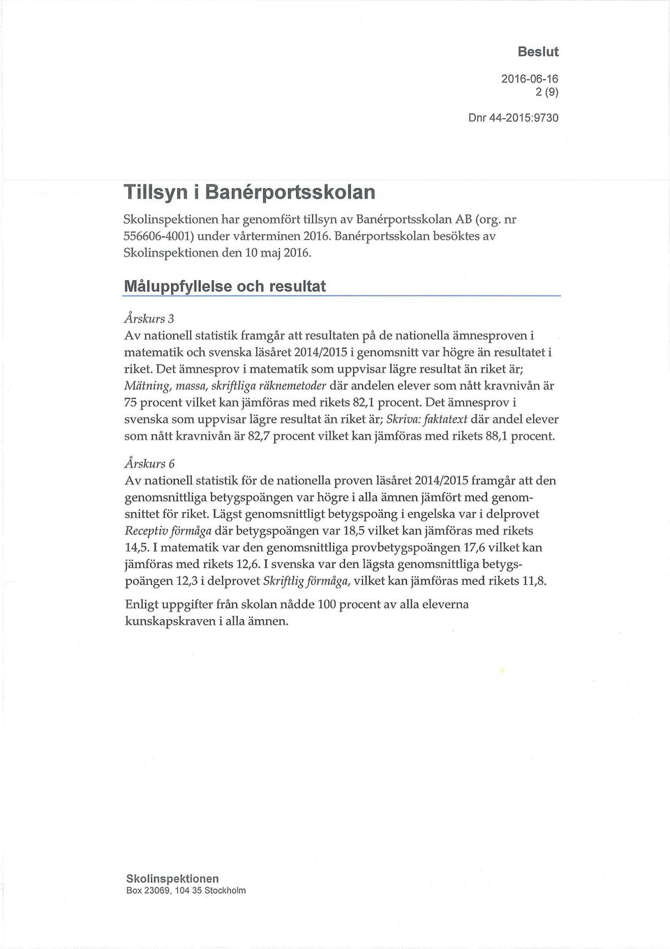 Det ämnesprov i matematik som uppvisar lägre resultat än riket är; Mätning, massa, skriftliga räknemetoder där andelen elever som nått kravnivån är 75 procent vilket kan jämföras med rikets 82,1