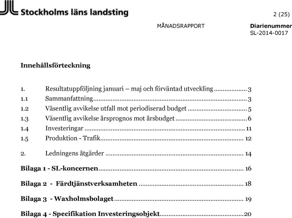 3 Väsentlig avvikelse årsprognos mot årsbudget... 6 1.4 Investeringar... 11 1.5 Produktion - Trafik... 12 2.