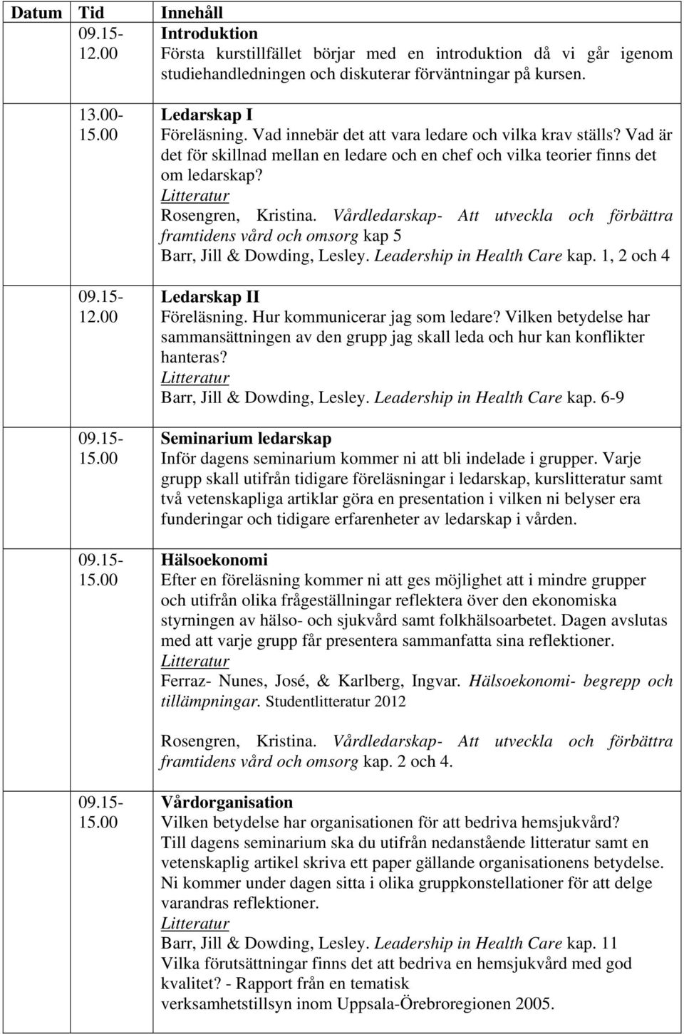 Vårdledarskap- Att utveckla och förbättra framtidens vård och omsorg kap 5 Barr, Jill & Dowding, Lesley. Leadership in Health Care kap. 1, 2 och 4 Ledarskap II Föreläsning.