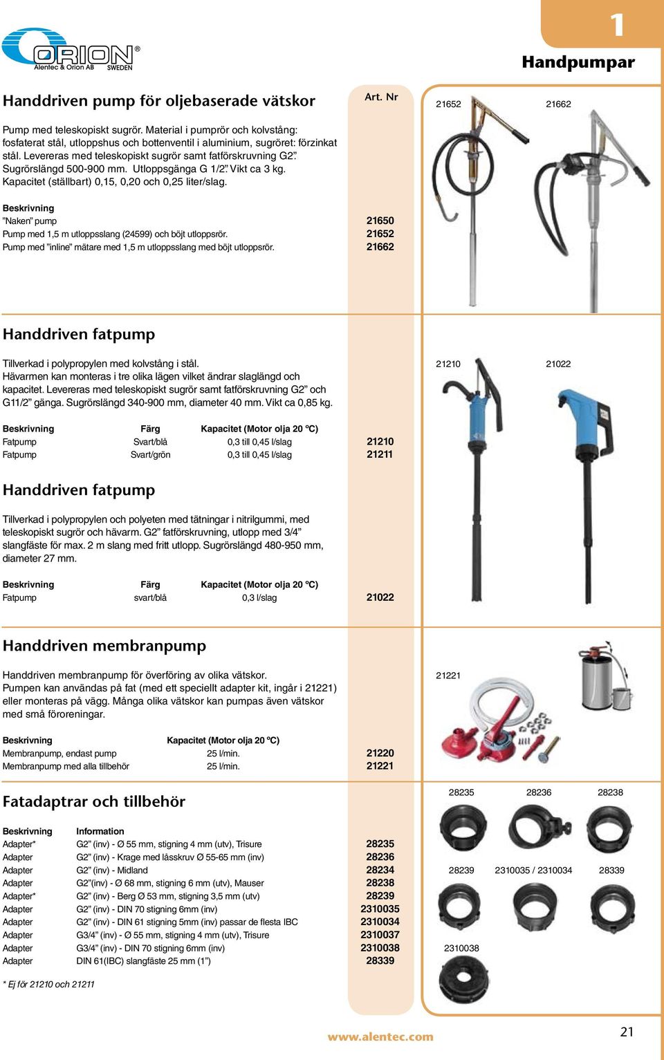 Sugrörslängd 500-900 mm. Utloppsgänga G 1/2. Vikt ca 3 kg. Kapacitet (ställbart) 0,15, 0,20 och 0,25 liter/slag. Naken pump 21650 Pump med 1,5 m utloppsslang (24599) och böjt utloppsrör.