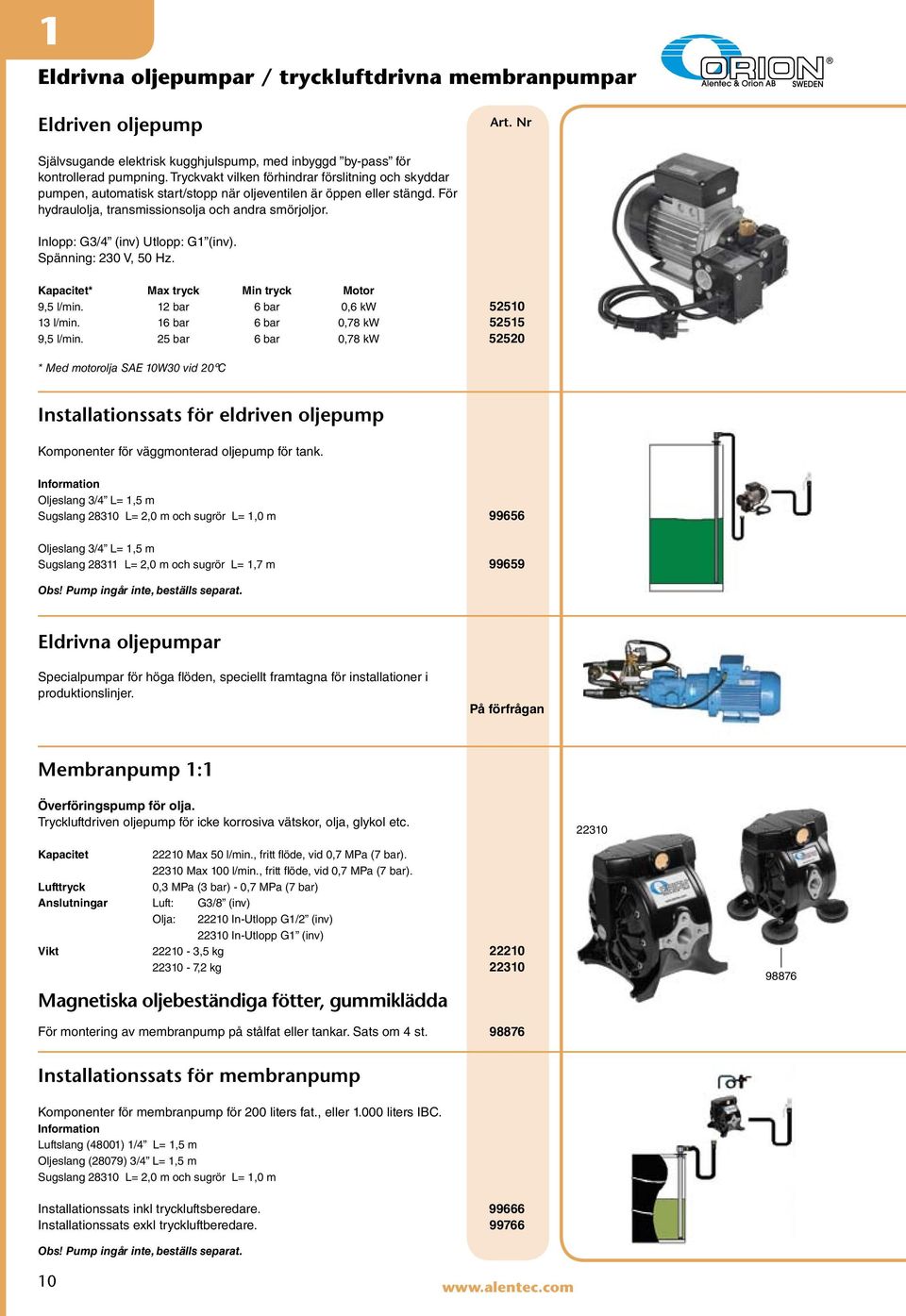 Inlopp: G3/4 (inv) Utlopp: G1 (inv). Spänning: 230 V, 50 Hz. Kapacitet* Max tryck Min tryck Motor 9,5 l/min. 12 bar 6 bar 0,6 kw 52510 13 l/min. 16 bar 6 bar 0,78 kw 52515 9,5 l/min.