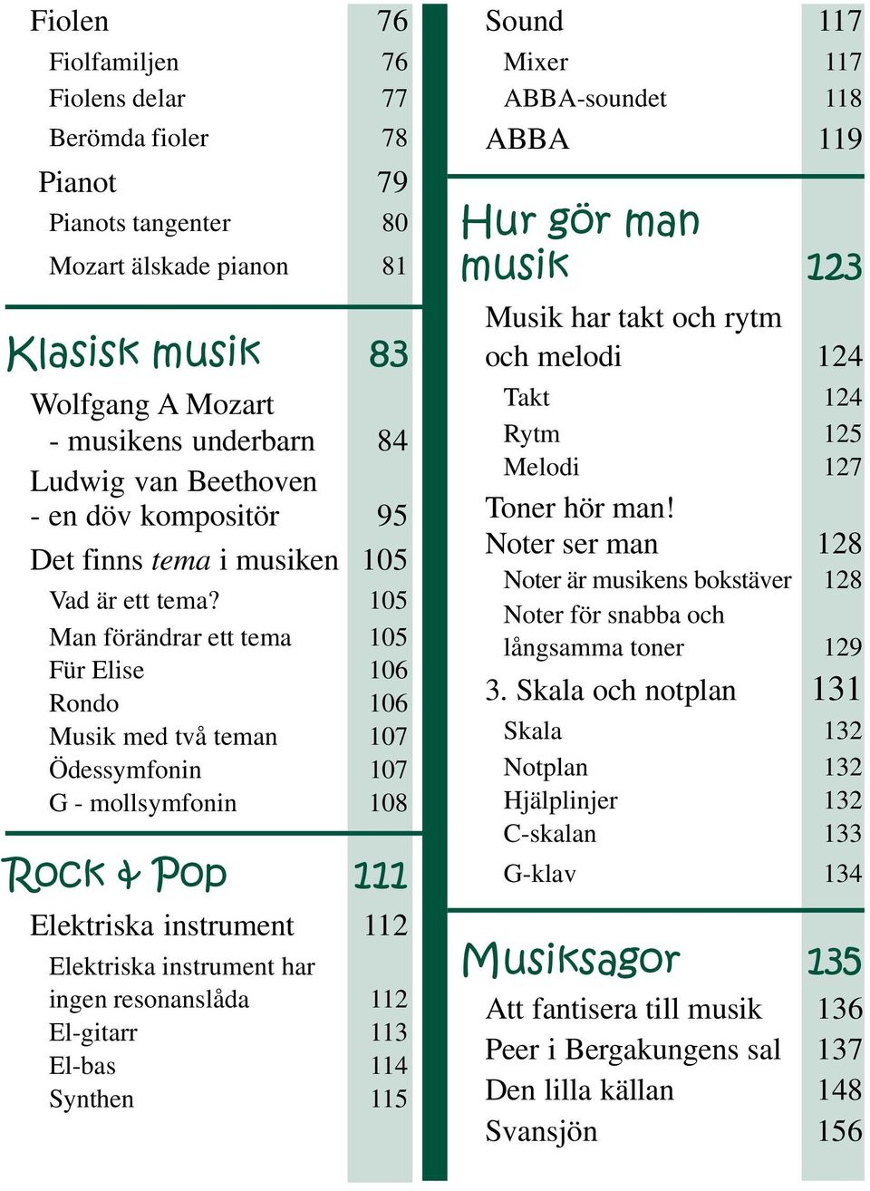 105 Man förändrar ett tema 105 Für Elise 106 Rondo 106 Musik med två teman 107 Ödessymfonin 107 G - mollsymfonin 108 Rock & Pop 111 Elektriska instrument 112 Elektriska instrument har ingen