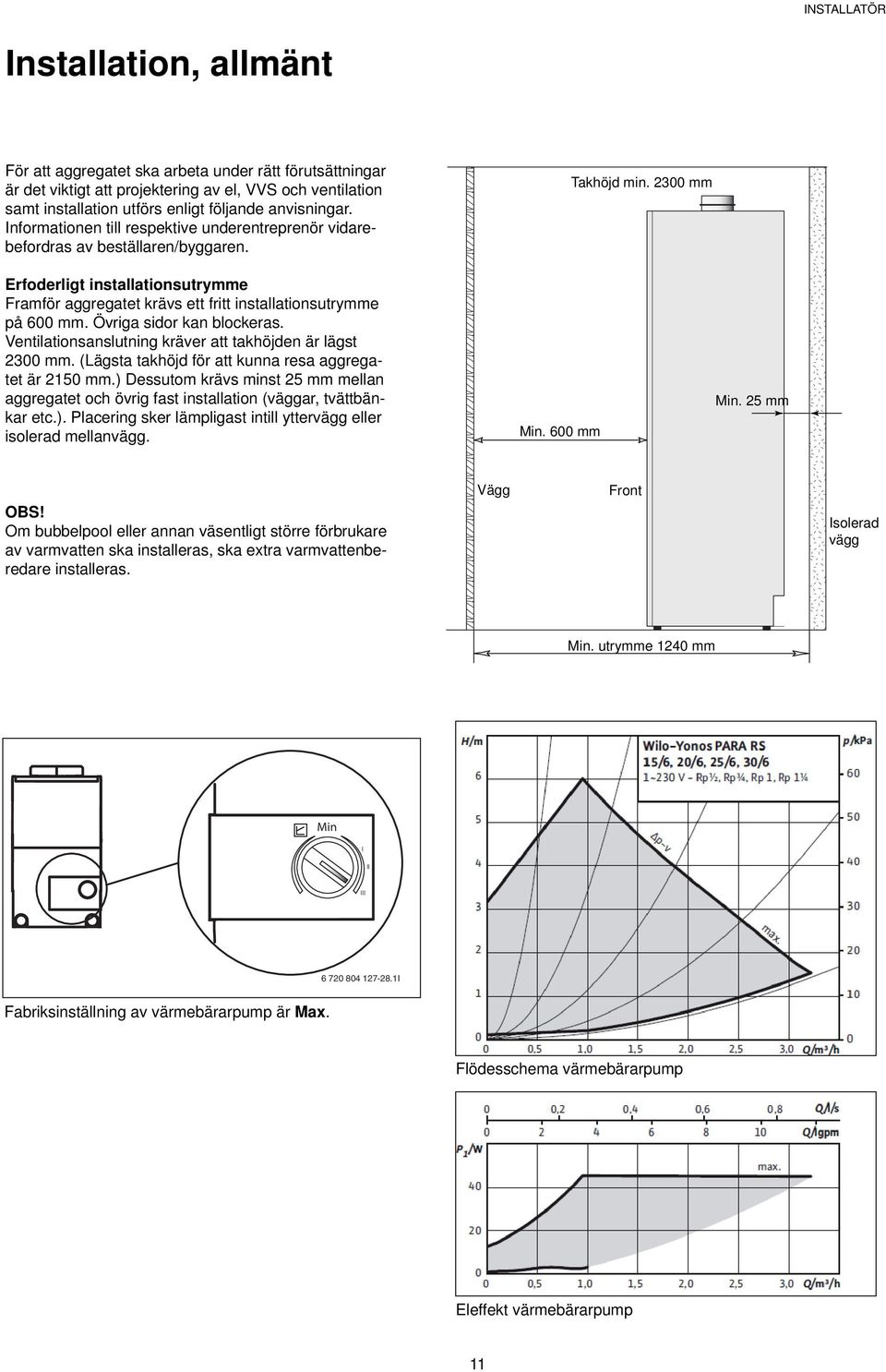 Övriga sidor kan blockeras. Ventilationsanslutning kräver att takhöjden är lägst 2300 mm. (Lägsta takhöjd för att kunna resa aggregatet är 2150 mm.