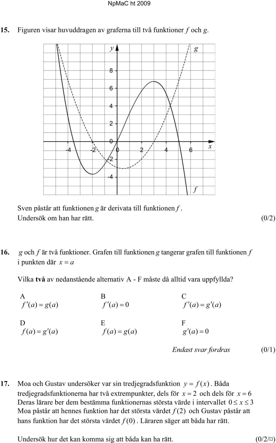A f ( a) g( a) D f ( a) g ( a) B f ( a) 0 E f ( a) g( a) C f ( a) g ( a) F g ( a) 0 Endast svar fordras (0/1) 17. Moa och Gustav undersöker var sin tredjegradsfunktion y f (x).