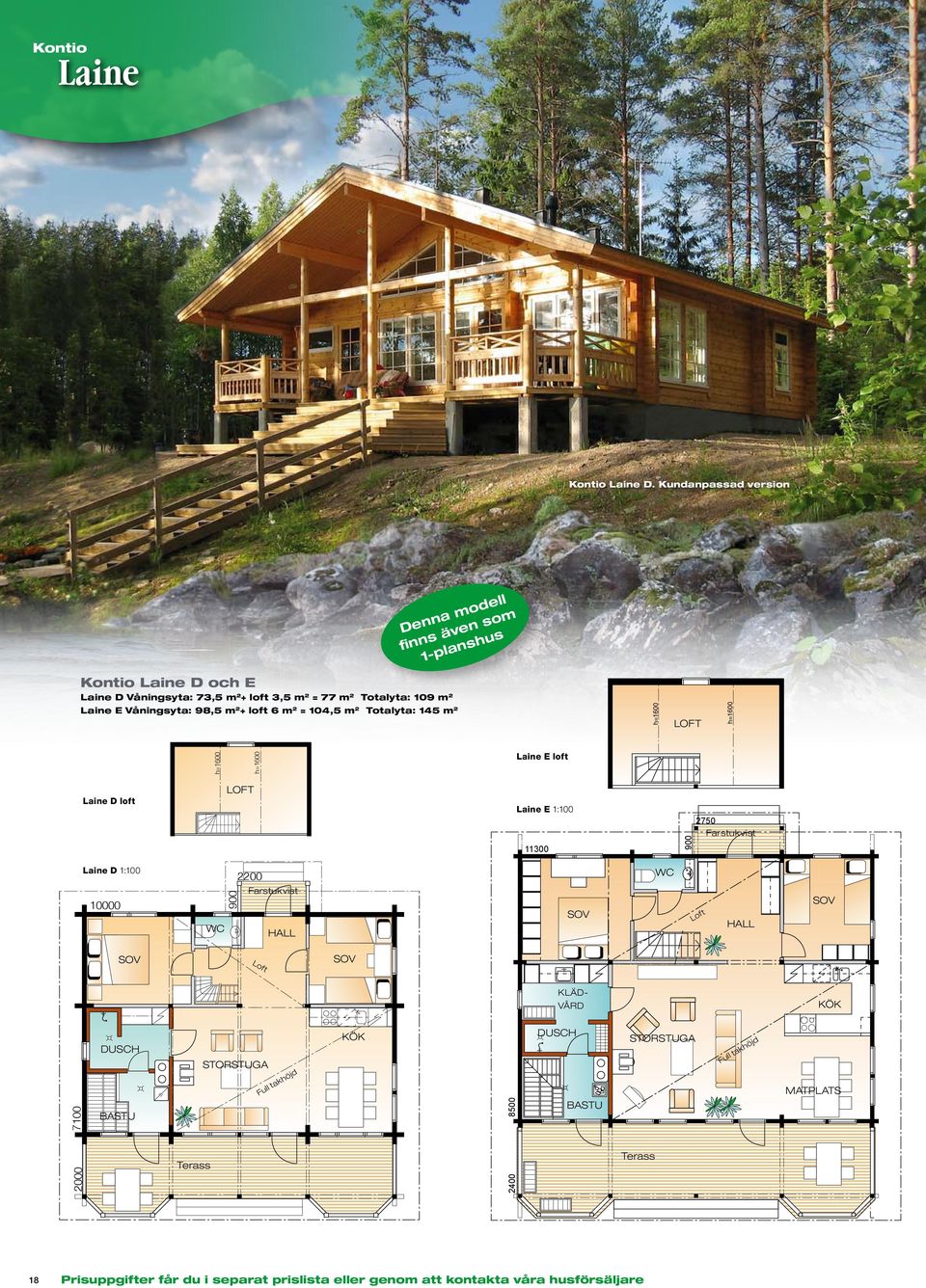 Våningsyta: 73,5 m 2 + loft 3,5 m 2 = 77 m 2 Totalyta: 109 m 2 Laine E Våningsyta: 98,5 m 2