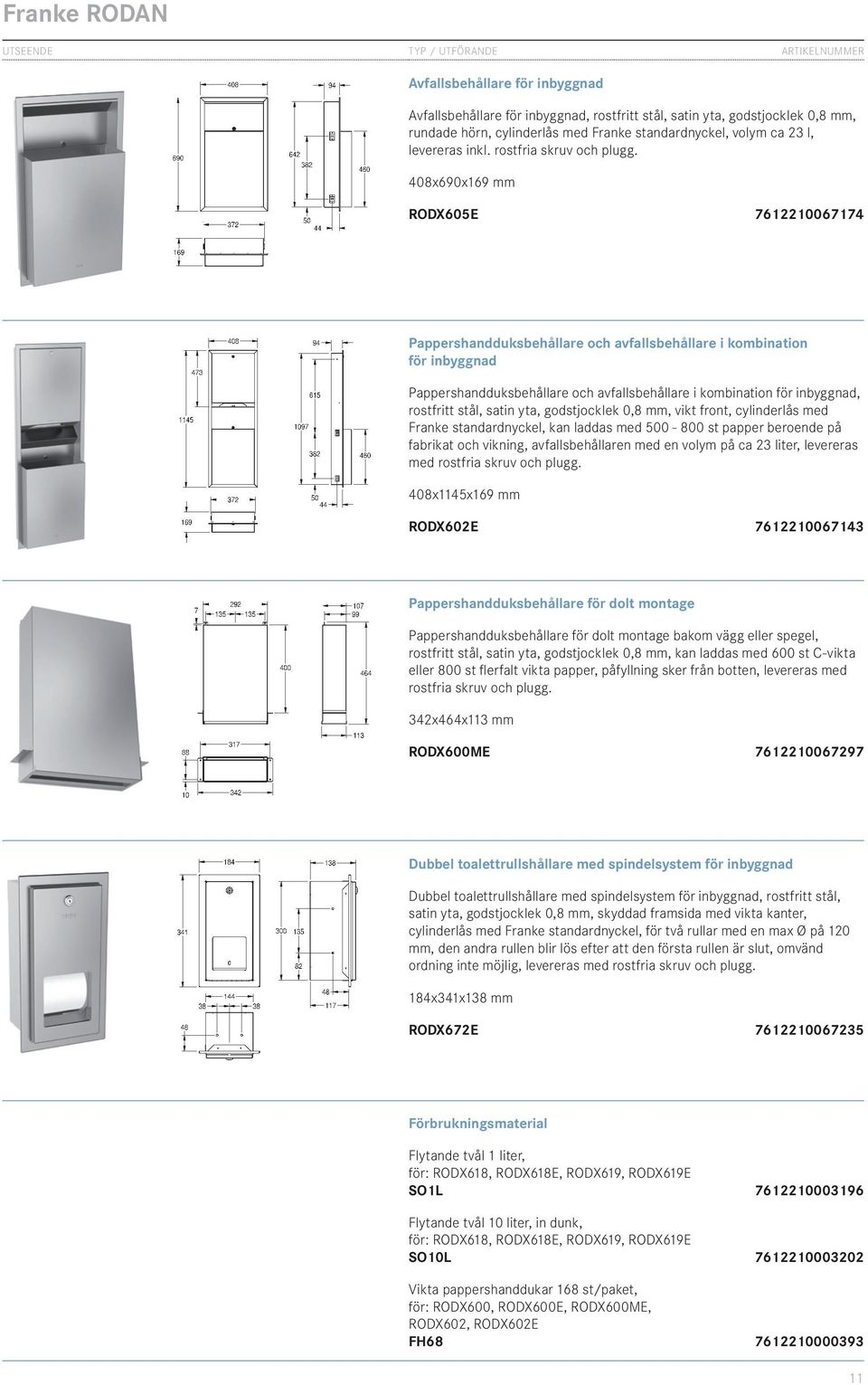 408x690x169 mm RODX605E 7612210067174 Pappershandduksbehållare och avfallsbehållare i kombination för inbyggnad Pappershandduksbehållare och avfallsbehållare i kombination för inbyggnad, rostfritt