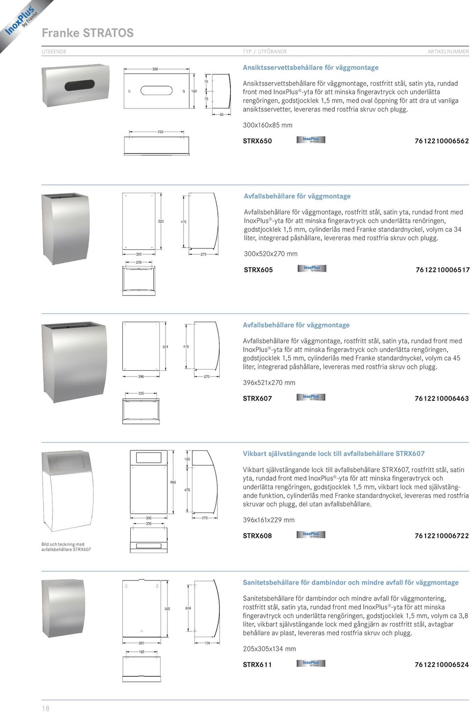 300x160x85 mm STRX650 7612210006562 Avfallsbehållare för väggmontage Avfallsbehållare för väggmontage, rostfritt stål, satin yta, rundad front med InoxPlus -yta för att minska fingeravtryck och