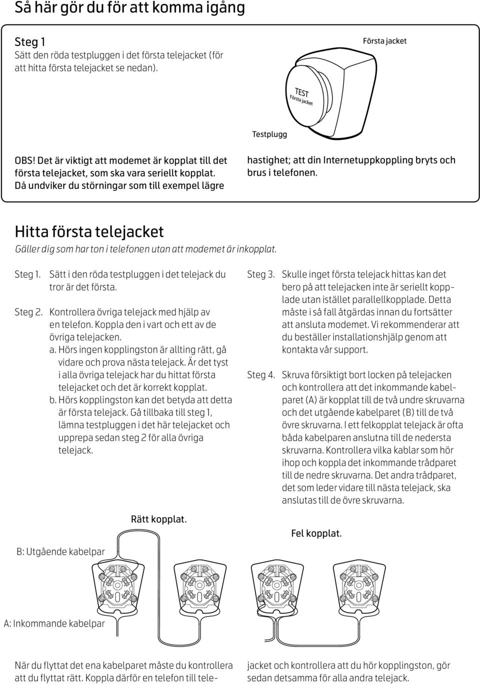 Det är viktigt att modemet är kopplat till det första telejacket, som ska vara seriellt kopplat. Då undviker du störningar som till exempel lägre OBS!