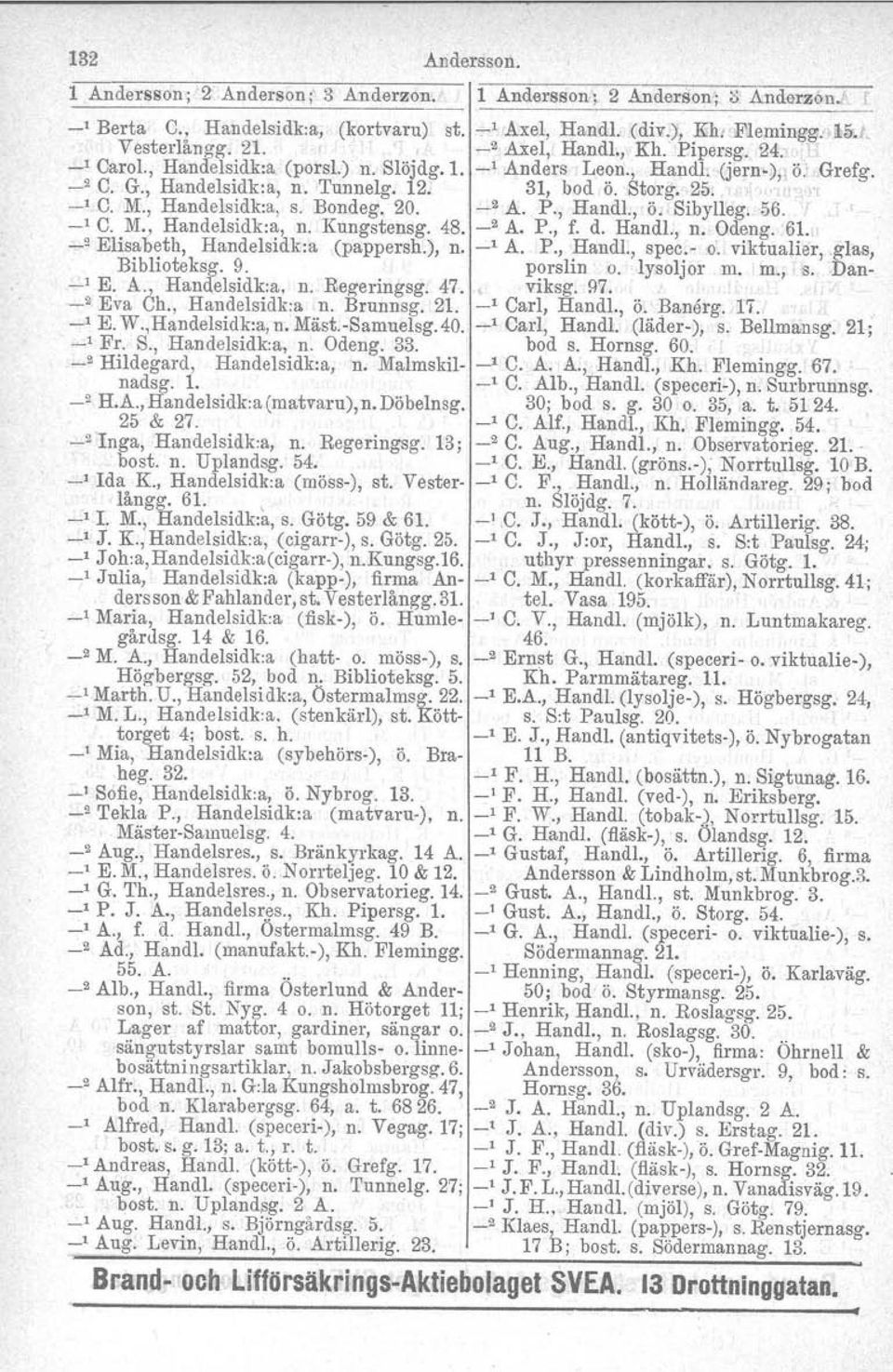, Handelsidk.a, s. Bondeg. 20. _2 A. P., Handt, Ö. Sibylleg. 56. _1 C. M., Handelsidk.a, n. Kungstensg. 48. _2 A. P., f. d. Handl., n. Odeng. 61. _2 Elisabeth, Handelsidk:a (pappersh.), n. _1 A. P., Handl.