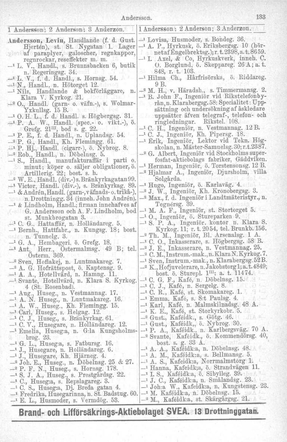 inneh, C. _1 L. V., Handl., S. Brunnsbacken 6, butik O. Borglund, ö. Skeppareg. 26Aj a. t. n. Regeringsg. 34. 848, r. t. 103. _1 L. V., f. d. Handl., s. Hornsg. 54. _1 Hilma Ch., Hårfrisörska, ö.