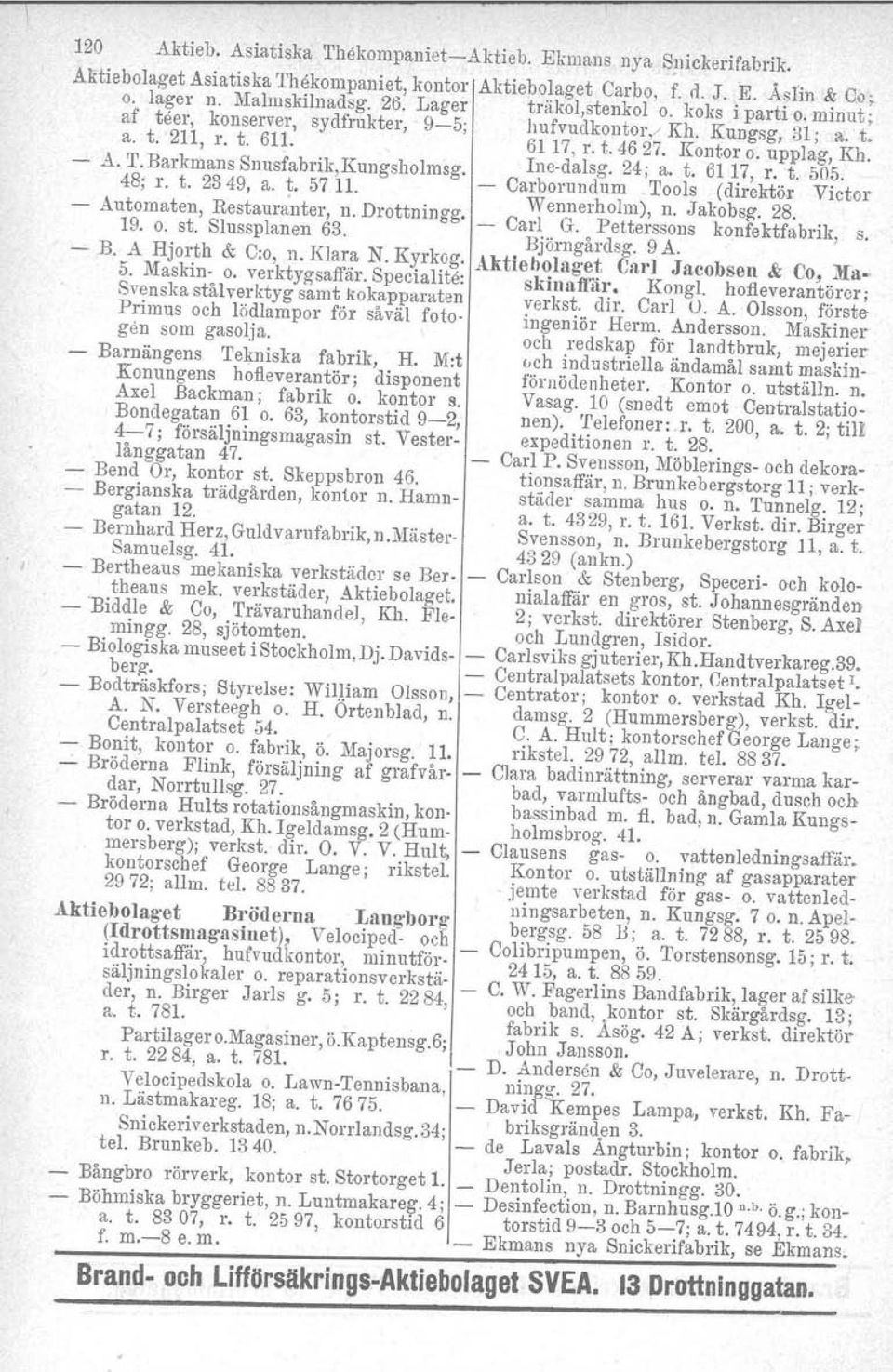 Barkmans Snusfabrik,Kungsholmsg. Ine-dalsg. 24; a. t. 6117, r. t. 505. 48~ r. t. 2349, a. t. 5711. Carborundum Tools (direktör Victor - A R t. t D t. Wennerholm), n. Jakobsg, 28.