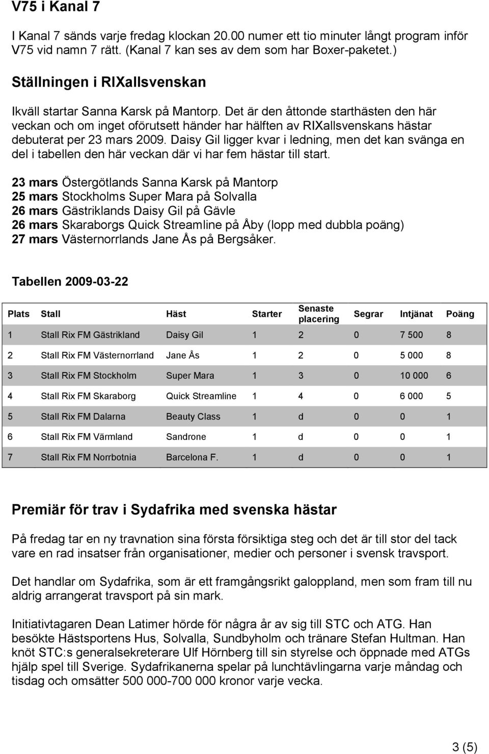 Det är den åttonde starthästen den här veckan och om inget oförutsett händer har hälften av RIXallsvenskans hästar debuterat per 23 mars 2009.