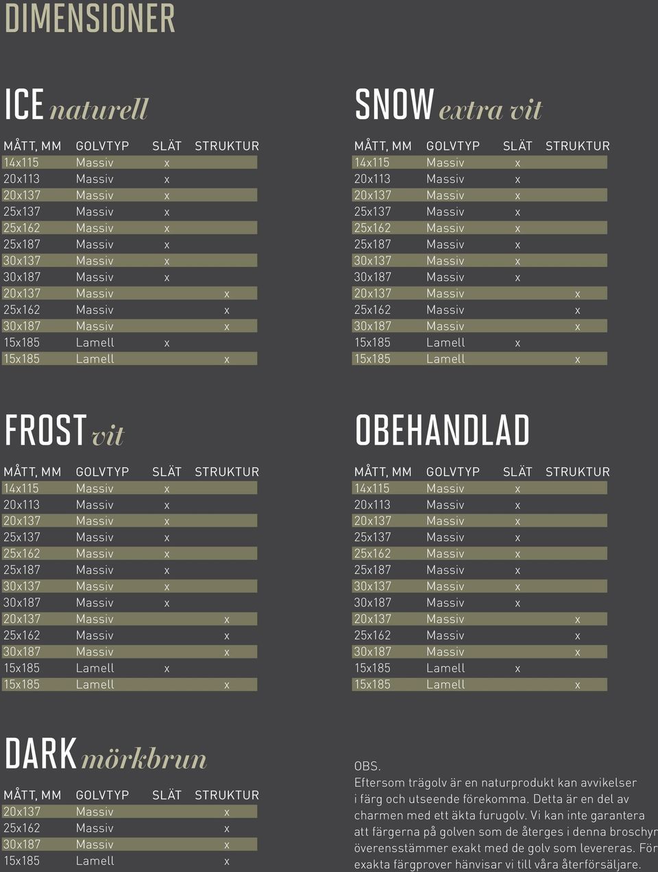 x 30x137 Massiv x 30x187 Massiv x 20x137 Massiv x 25x162 Massiv x 30x187 Massiv x 15x185 Lamell x 15x185 Lamell x Snow extra vit Mått, mm Golvtyp Slät struktur 14x115 Massiv x 20x113 Massiv x 20x137