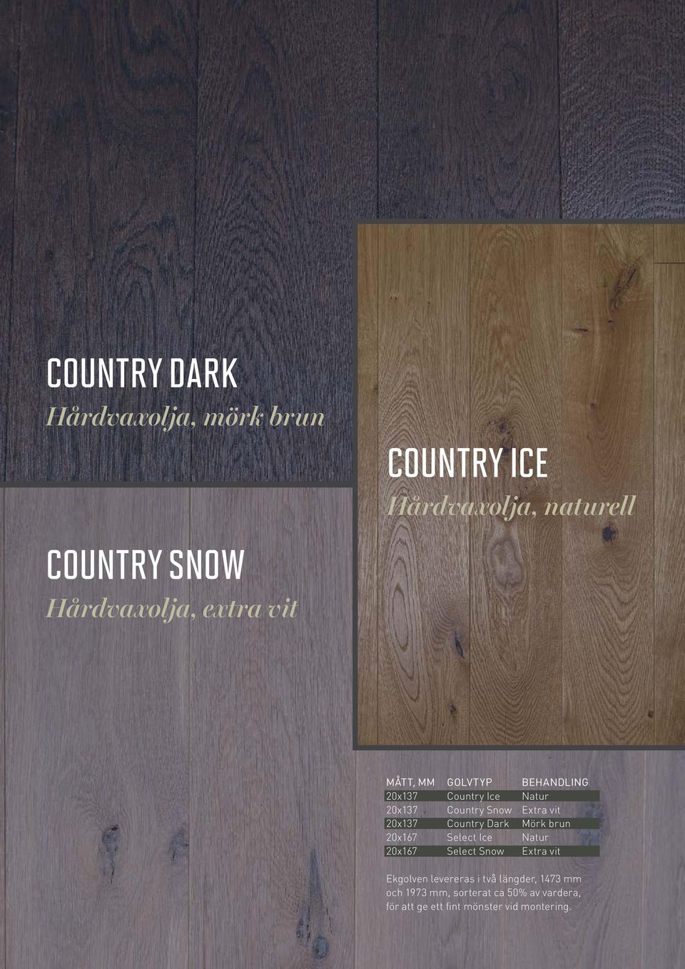 Country Dark Mörk brun 20x167 Select Ice Natur 20x167 Select Snow Extra vit Ekgolven levereras i