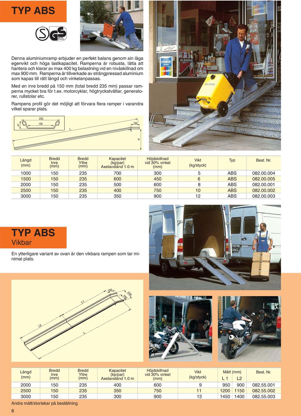 Ramperna är tillverkade av strängpressad aluminium som kapas till rätt längd och vinkelanpassas. Med en inre bredd på 150 mm (total bredd 235 mm) passar ramperna mycket bra för t.ex.