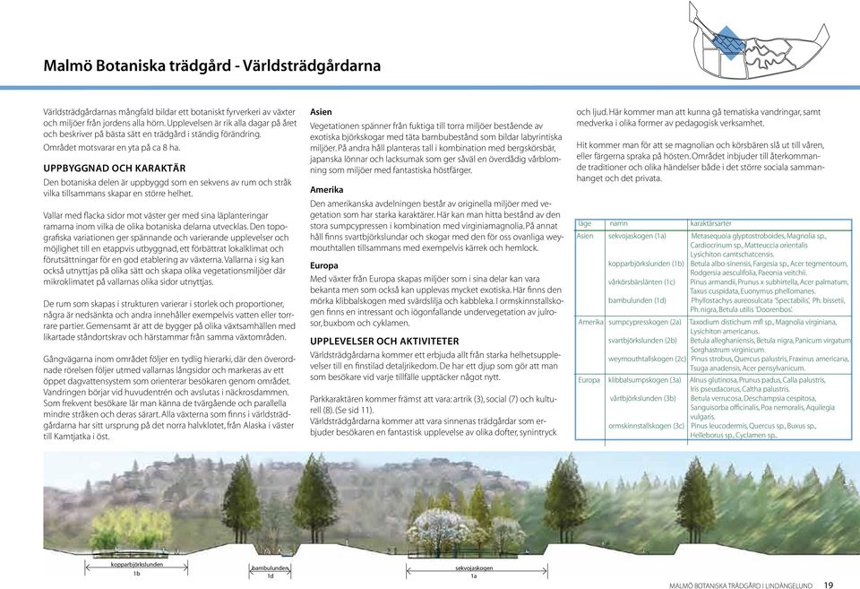 uppbyggnad och karaktär Den botaniska delen är uppbyggd som en sekvens av rum och stråk vilka tillsammans skapar en större helhet.