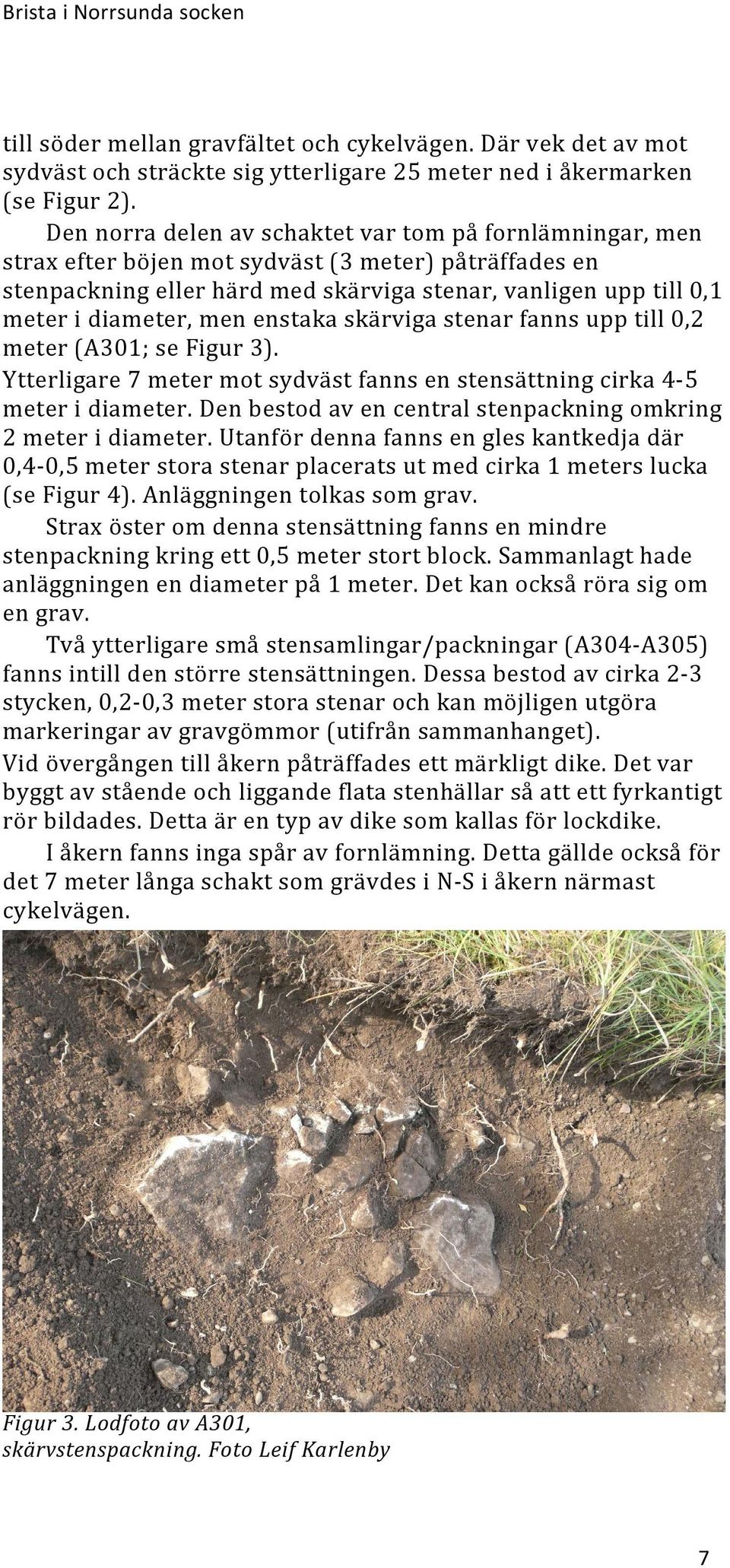 men enstaka skärviga stenar fanns upp till 0,2 meter (A301; se Figur 3). Ytterligare 7 meter mot sydväst fanns en stensättning cirka 4-5 meter i diameter.